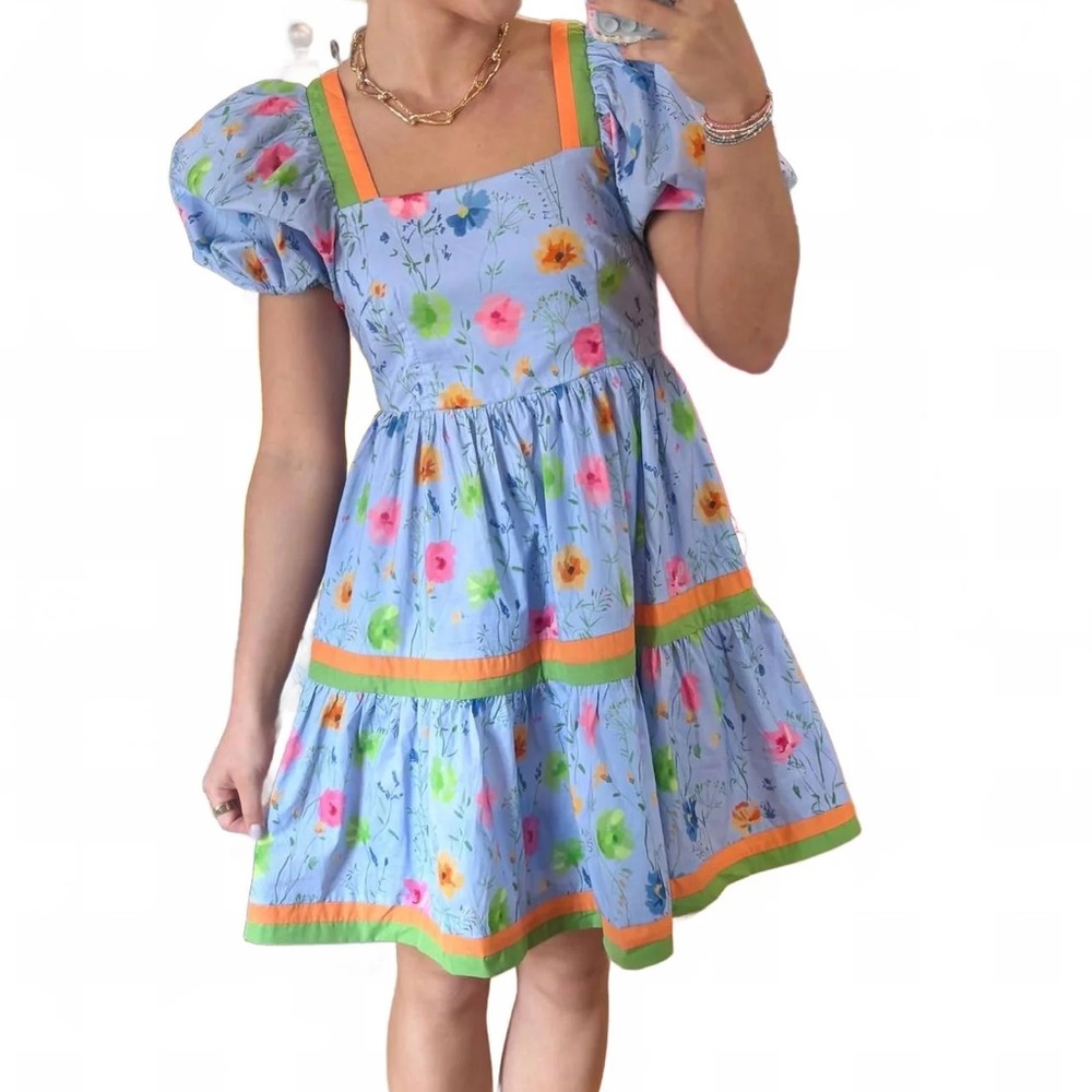 NWT Entro Chambray Floral Puff Sleeve Tiered Dress